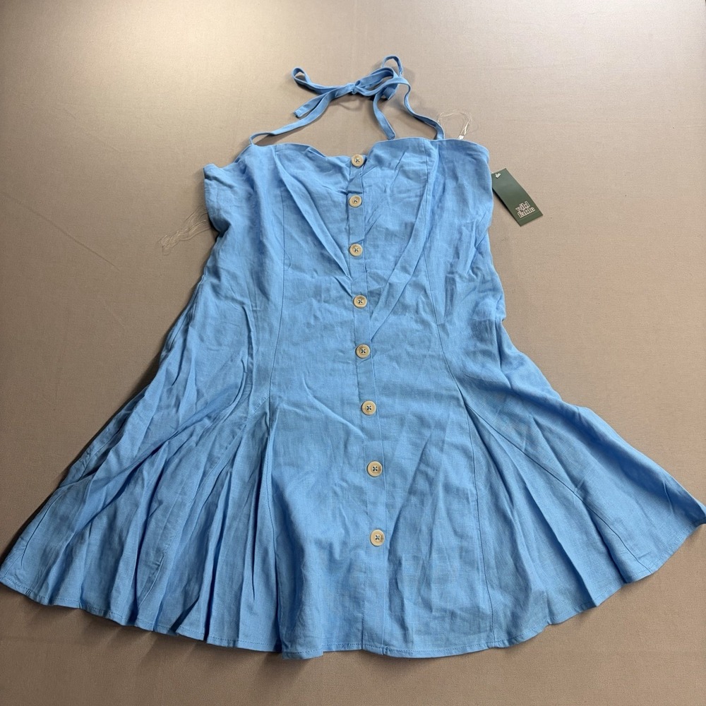 Wild Fable Blue Halter Mini Dress Womens L Button Front Linen Blend NWT